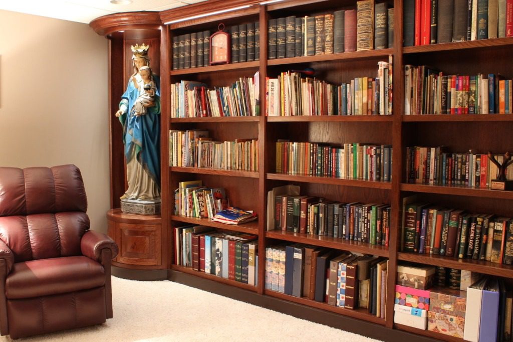 A near life-sized statue of Mary and the Child Jesus sits on display