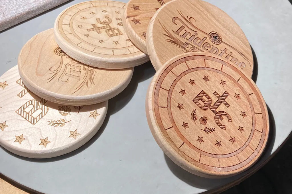 wood coasters with custom laser engraved designs