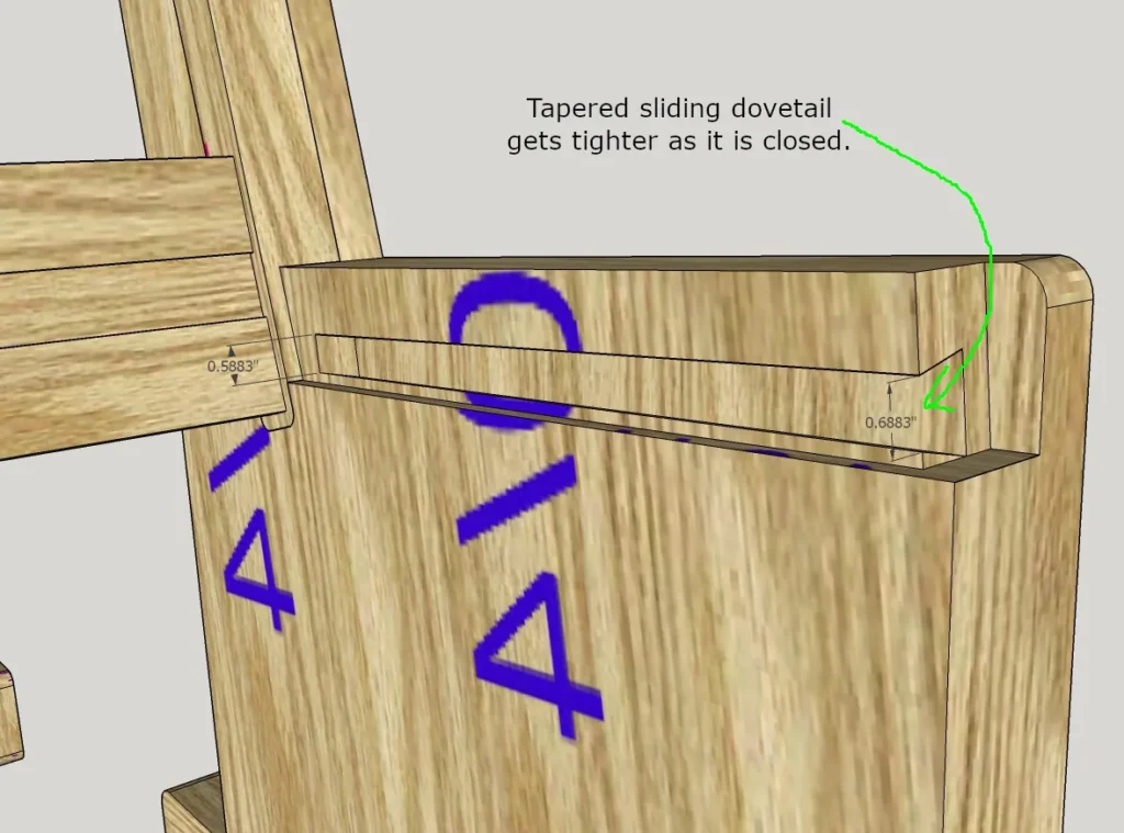 Detail of an exposed tapered sliding dovetail groove in a church pew end-frame.