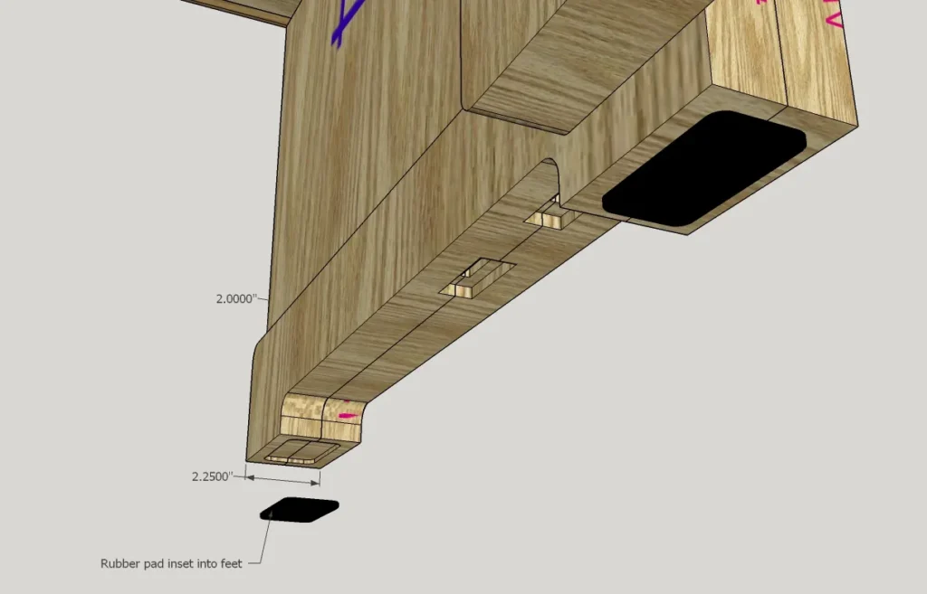 Rendering detail of a pew foot with a custom rubber insert designed to reduce slipping and keep the movable pew stable on the floor