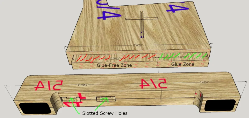 Rendering of a pew foot joint showing a partially glued tenon inserted into the foot, with slotted screws guiding the remaining movement.