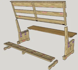 Rendering of church pew components: kneeler, kneeler feet, back panel, end caps, and seat sections for flat-pack shipping.