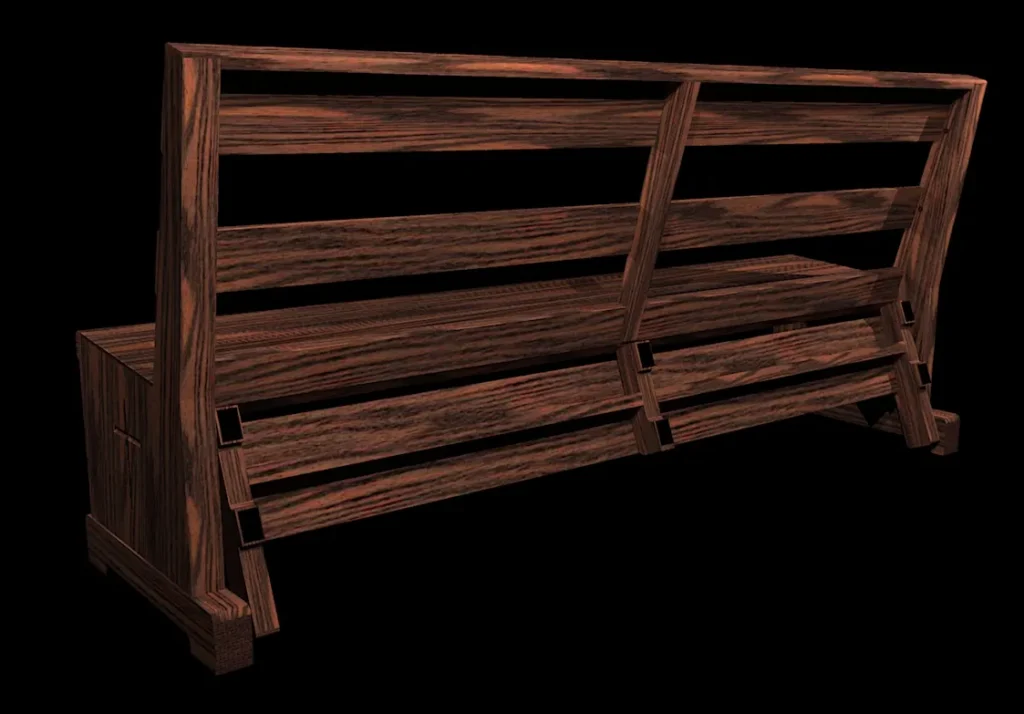A rendering of the Holy Cross Chapel pew - back view